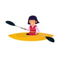 Vector illustration of a asian woman with blue hair floats on a yellow kayak in cartoon style. Young female canoeing and paddle.ÃÂ 